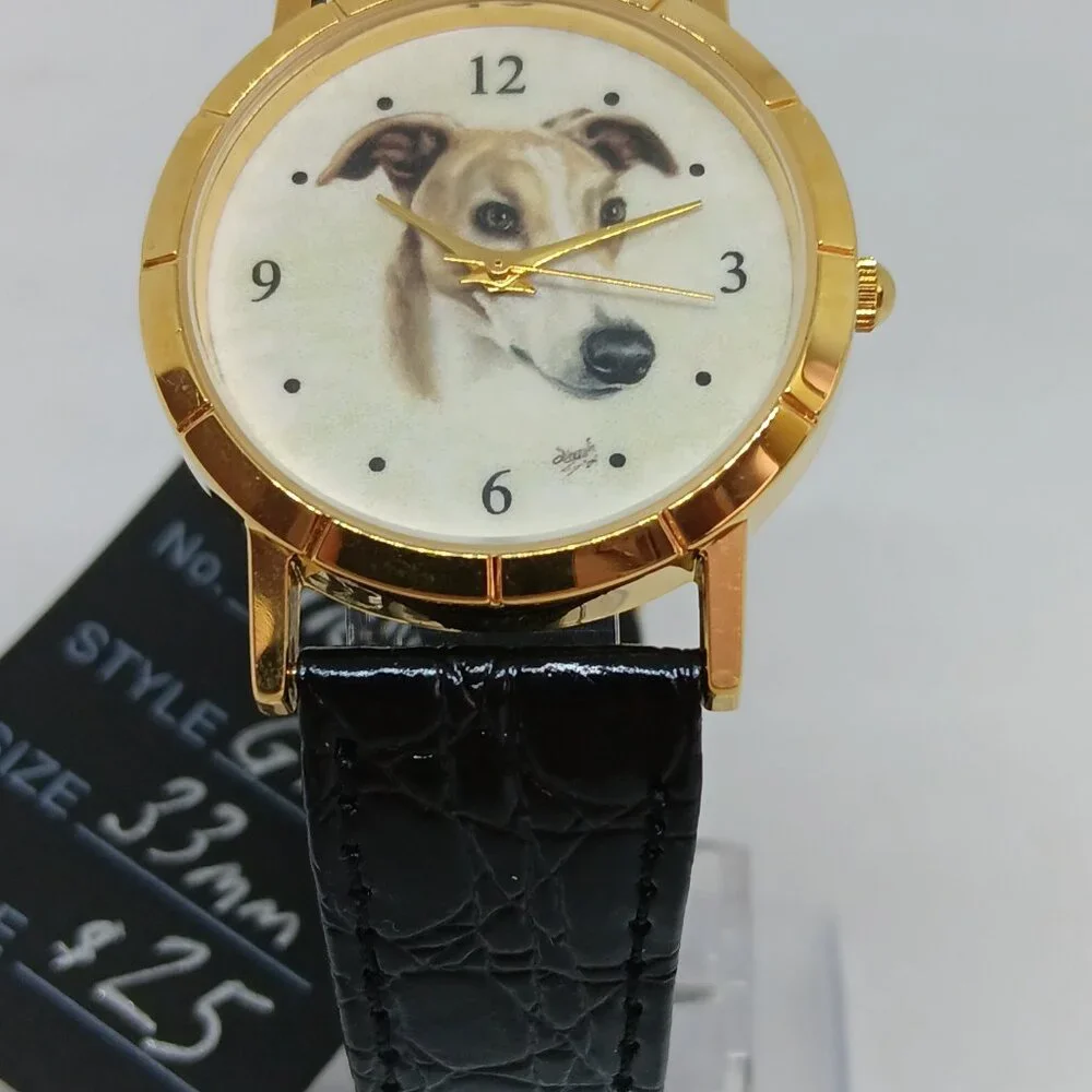 Greyhound 33mm Women's Gold Tone Black Leather Band Dog Watch